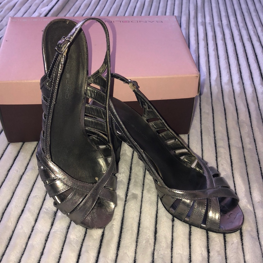 Strappy silver pewter Bandolino sandal heels